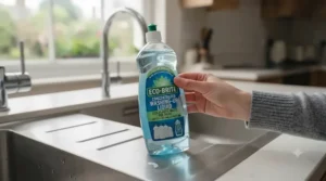 Recyclable bottle of value-size concentrated washing-up liquid illustrating reduced plastic waste for eco-conscious shoppers.