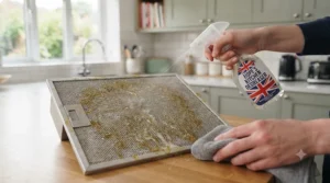 Applying eco-friendly kitchen degreaser to a stainless steel extractor hood filter to remove sticky grease.
