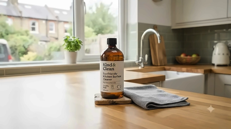 A bottle of eco-friendly kitchen surface cleaner and a microfibre cloth on a modern British kitchen worktop. eco-friendly kitchen surface cleaner