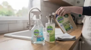 An eco-friendly concentrated refill pouch and reusable spray bottle for a multi-surface kitchen cleaner sitting on a clean worktop.