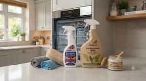 Selection of eco-friendly cleaning bottles and a sponge, highlighting a natural non-caustic oven cleaner for safe home use.