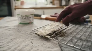 Gloved hand applying a thick, non-toxic cleaning paste onto a greasy cooker rack using a silicone spatula.