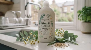 Eco-friendly washing-up liquid formulated with natural plant extracts for sensitive skin on a wooden kitchen worktop.