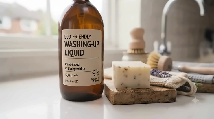 Plastic-free washing-up liquid alternatives displayed alongside a traditional bottle for a sustainable swap. eco-friendly washing-up liquid