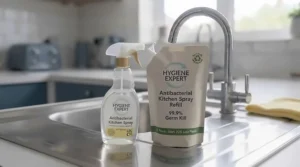 Eco-friendly refill pouch for antibacterial kitchen spray to reduce plastic waste.