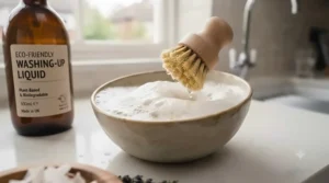 Rich, natural foam from chemical-free washing-up liquid cleaning a ceramic plate.