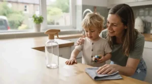 A family-friendly and pet-safe eco-friendly kitchen surface cleaner sitting on a clean countertop.