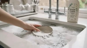 Rich, long-lasting bubbles in a bowl of warm water created by a gentle, skin-friendly washing-up liquid.