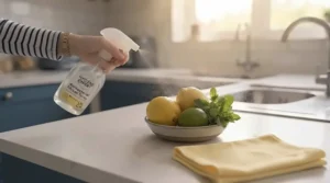 Citrus-scented antibacterial kitchen spray leaving a fresh fragrance in the kitchen.