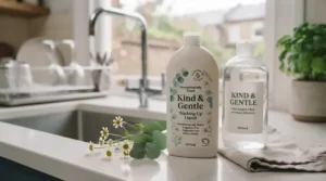 Minimalist bottle of unfragranced, hypoallergenic washing-up liquid designed for eczema-prone or irritated skin.