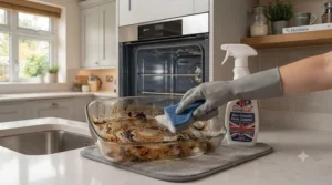 A smiling home cook wiping down the hob in a well-ventilated kitchen using a fume-free non-caustic oven cleaner.