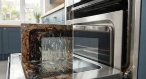Split-screen comparison showing a greasy oven window before and sparkling clean after using a fume-free oven cleaner.