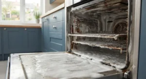 Close-up of fume-free oven cleaner breaking down grease and baked-on grime inside a kitchen oven cavity.