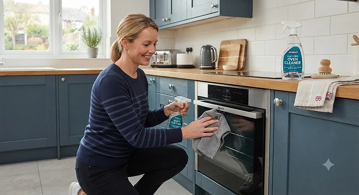 A bottle of eco-friendly fume-free oven cleaner sitting on a clean kitchen counter next to a sparkling oven door in a modern British home. fume-free oven cleaner