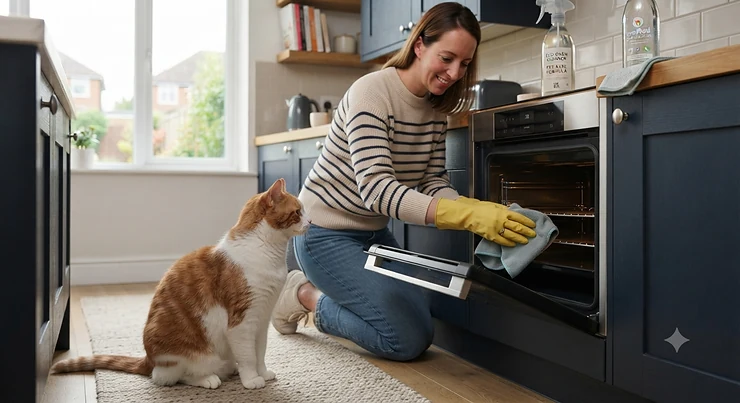 Fume-free oven cleaning spray bottle sitting safely on a kitchen counter near a sleeping cat. pet-safe oven cleaner