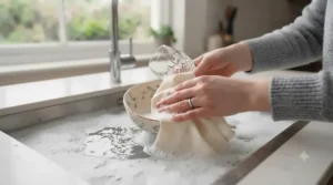 Hands washing dishes with a mild, skin-friendly formula of concentrated washing-up liquid that protects against dryness.