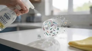 Antibacterial kitchen spray formulated to kill 99.9% of bacteria on food preparation surfaces.
