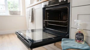 A sparkling clean domestic oven interior achieved with a heavy-duty oven cleaner.