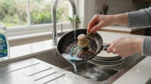 Close-up illustration of concentrated washing-up liquid effortlessly cutting through stubborn grease on a frying pan.