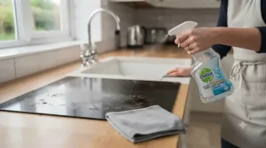 A powerful kitchen surface spray cutting through burnt-on grease and food splashes on a ceramic hob in a contemporary UK home.