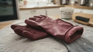 Pair of thick rubber household cleaning gloves designed to protect hands during heavy-duty oven maintenance.