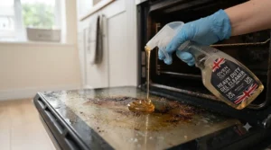 Applying heavy-duty oven cleaner gel onto a greasy oven door glass panel.