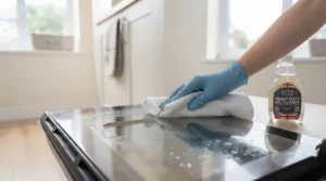 Using a heavy-duty oven cleaner to remove burnt-on spillages from a kitchen hob.