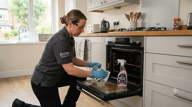 Professional heavy-duty oven cleaner cutting through burnt-on grease in a British kitchen. heavy duty oven cleaner