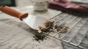 Close-up of a stainless steel oven scraper removing burnt-on grease from metal wire shelves.