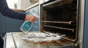 Applying a non-toxic, fume-free oven cleaner foam onto the interior wire racks of a dirty domestic oven.