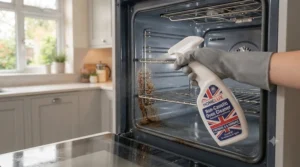 Person wearing yellow washing-up gloves applying a non-caustic oven cleaner to the glass oven door.