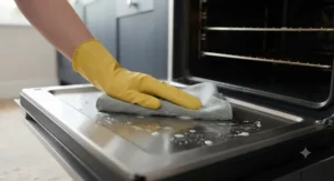 Hands wearing yellow rubber gloves applying pet-safe oven cleaner gel to an oven door.