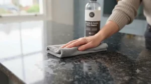 Step-by-step guide showing how to apply kitchen spray for granite worktops using a clean microfibre cloth.