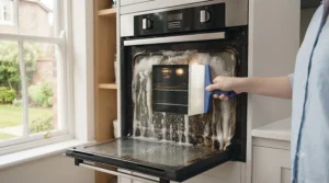 Using a non-scratch plastic scraper and sponge to gently remove loosened grime from a glass oven door