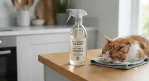 Curious dog and cat sitting nearby while a safe, non-toxic oven cleaner is used in the kitchen.