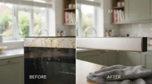 Split image showing a greasy oven door handle before and after treatment with a powerful kitchen degreaser.
