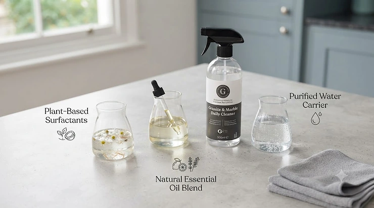 A bottle of specialized kitchen spray for granite worktops on a polished black stone counter in a modern British kitchen. kitchen spray for granite worktops