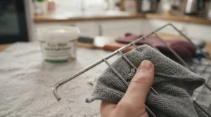 Clean microfibre cloth being used to buff a sparkling, polished oven rack after rinsing.