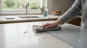 Illustration showing concentrated washing-up liquid being used safely across various kitchen surfaces and cookware.