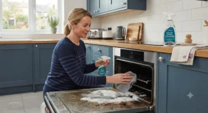 A homeowner cleaning an oven comfortably in a closed kitchen without needing rubber gloves or harsh chemical ventilation, thanks to a fume-free oven cleaner.