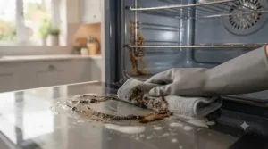 Close-up of a sparkling clean oven rack after using a grease-busting non-caustic oven cleaner.