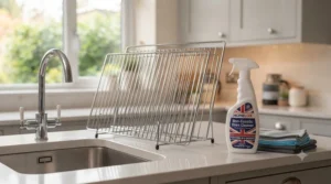 Wiping away grease from a glass oven door using a microfibre cloth and a gentle non-caustic oven cleaner.