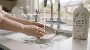 Hands washing dishes comfortably in warm water without rubber gloves, protected by a non-drying washing-up liquid.