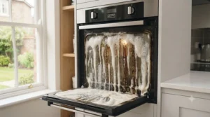 Non-drip oven cleaner gel actively dissolving grease and burnt food residue on a glass hob and door