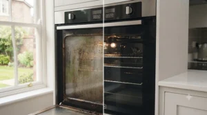 Side-by-side comparison showing a cloudy, greasy oven glass door transformed into a crystal-clear finish