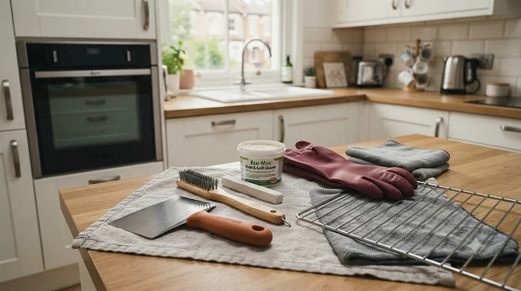 Flat lay of essential oven rack cleaning tools on a kitchen worktop, including scraper blades, wire brushes, and eco-friendly cleaning paste. oven rack cleaning tools
