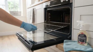 Close-up of heavy-duty oven cleaner dissolving stubborn grease on a cooker wall.