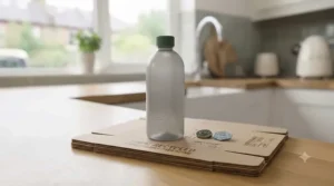 Eco-friendly kitchen surface cleaner packaged in 100% recycled plastic materials.