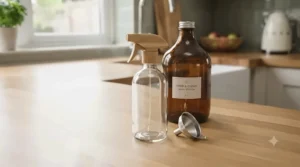 A reusable, zero-waste glass bottle designed for eco-friendly kitchen surface cleaner refills.