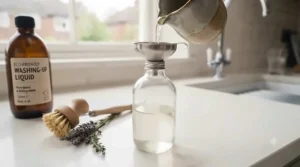 Reusable glass bottle being filled with zero-waste washing-up liquid at a refill shop.